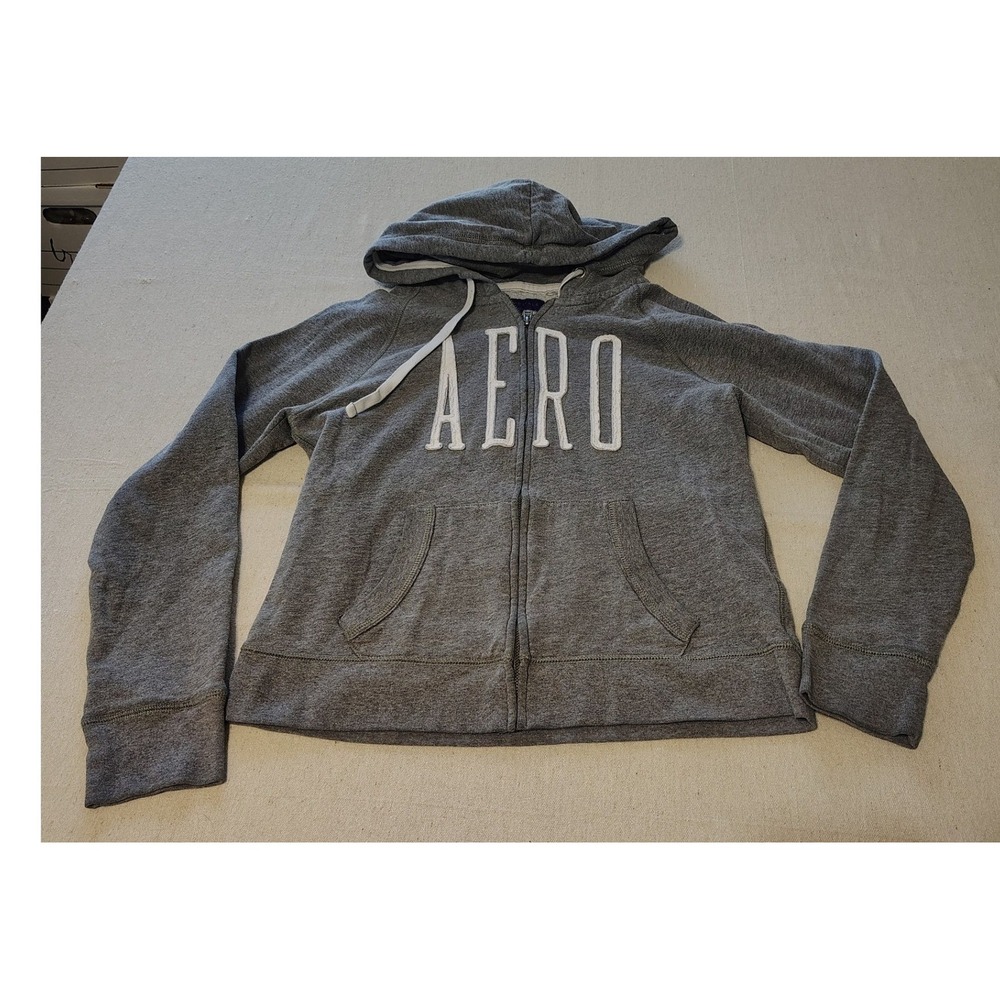 Vintage Y2K AEROPOSTALE Gray Full Zip Hoodie Spellout Sweatshirt Women's Sz L 13